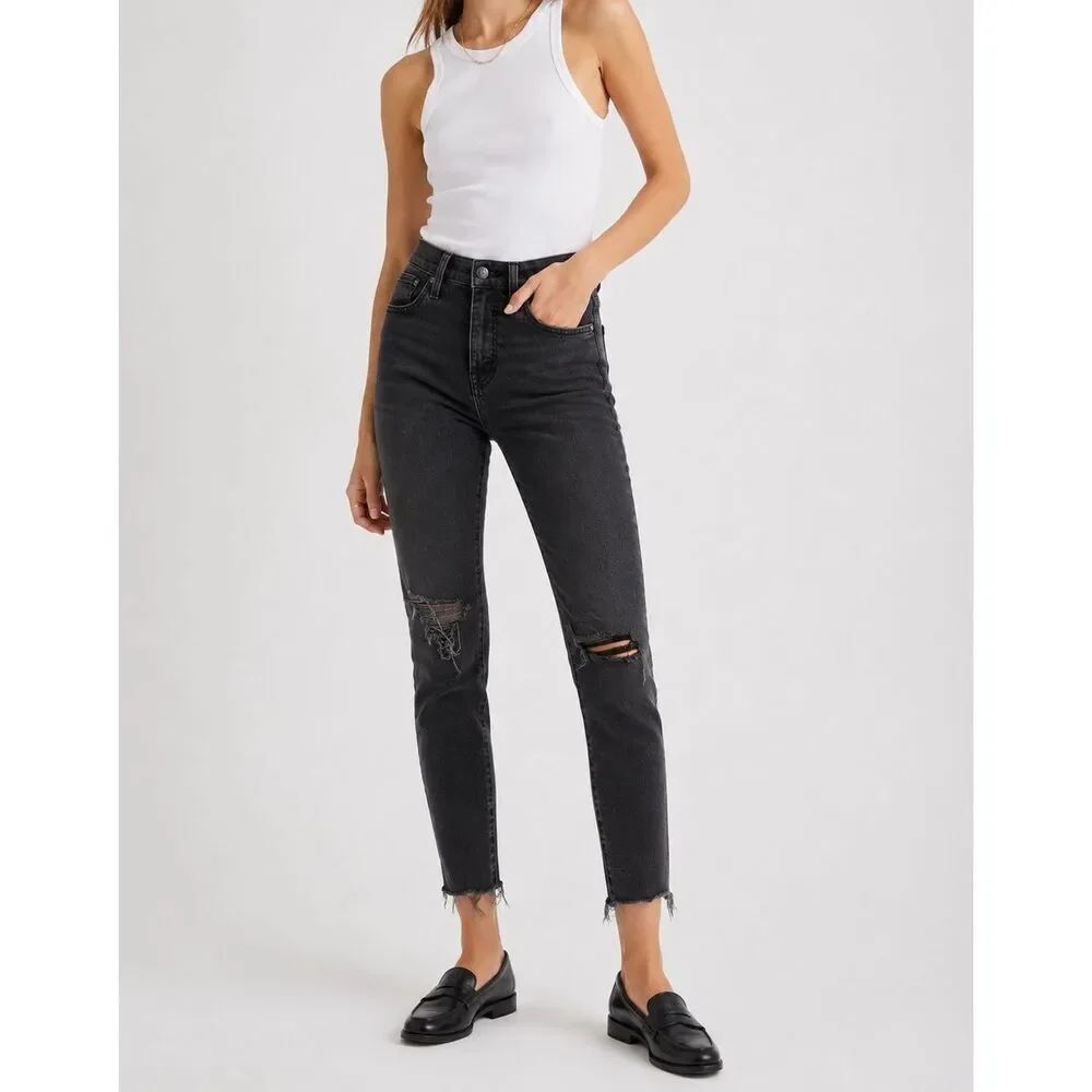 Madewell High Rise Skinny Jeans Black Distressed Raw Hem Size 26P